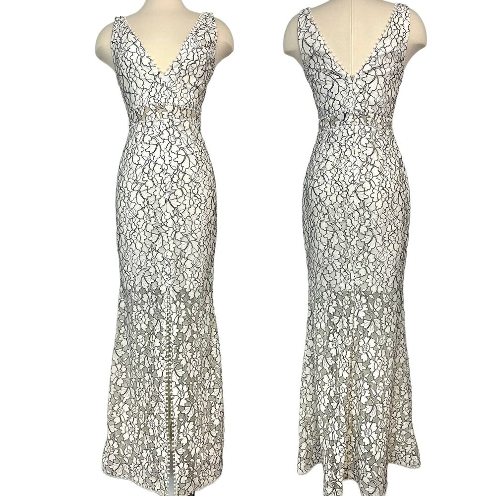 Nicholas French Lace Gown Maxi Dress in White V-Neck Sleeveless | Size 4 NWT